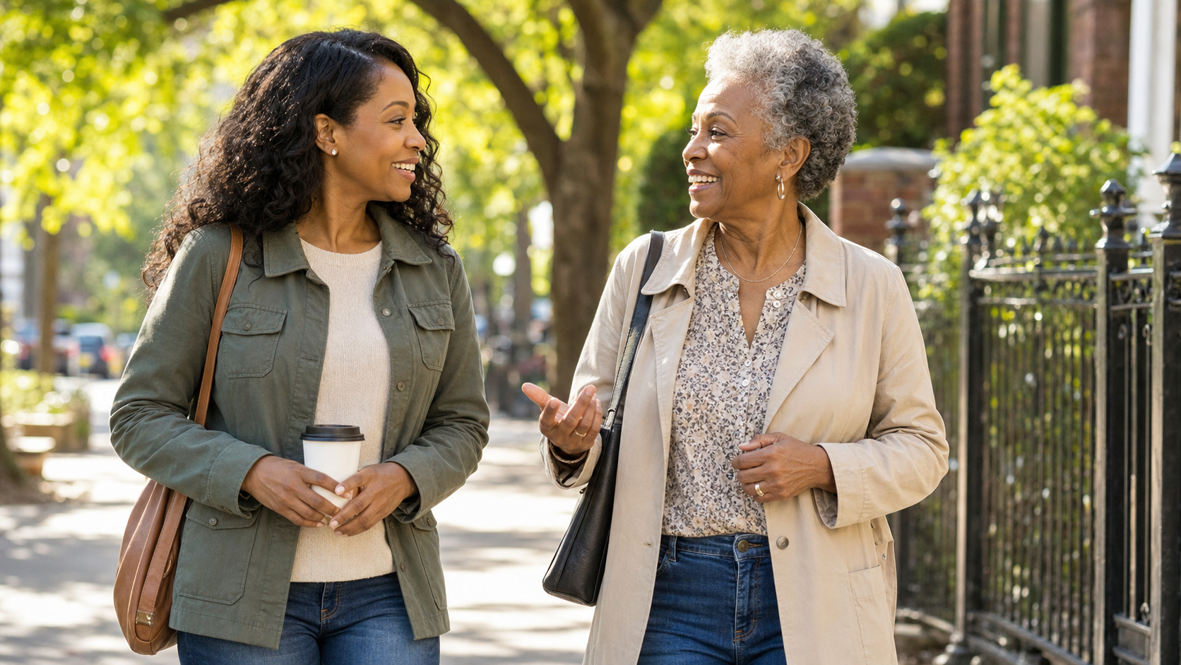 Adult daughter walking with her mother in a sunny neighborhood