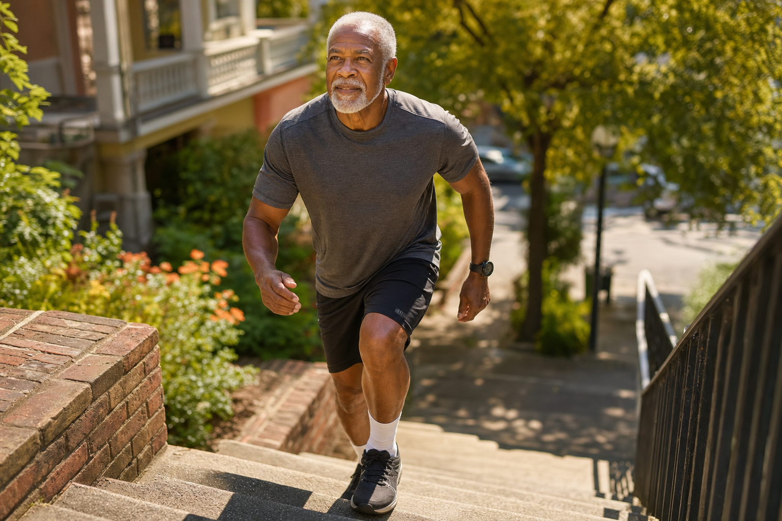 Active senior man confidently climbing stairs outdoors