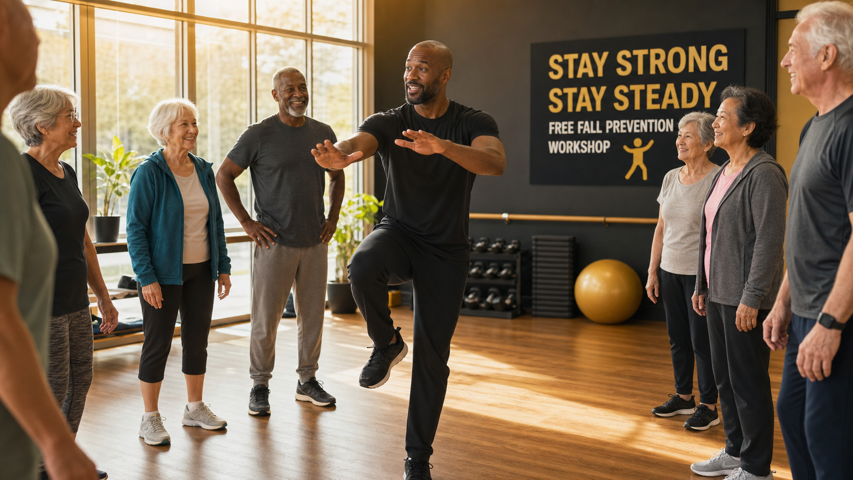 Coach Kareem leading a balance exercise with a group of seniors in a bright gym studio