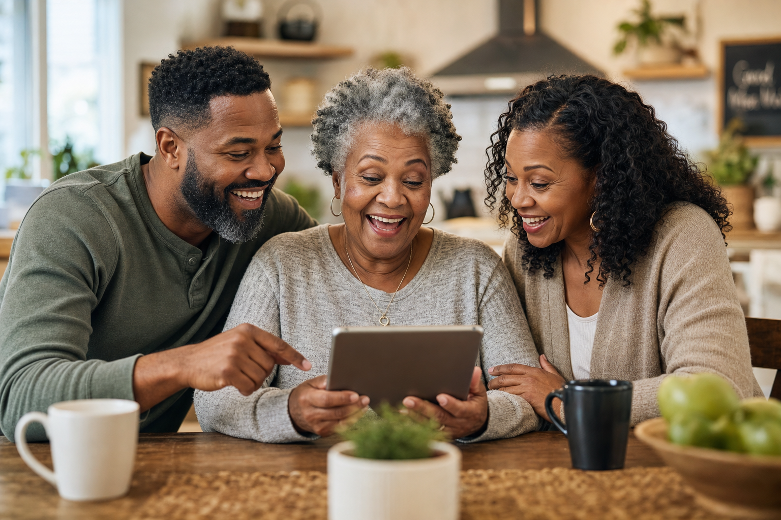 Adult children showing their mother the Back to School fitness special